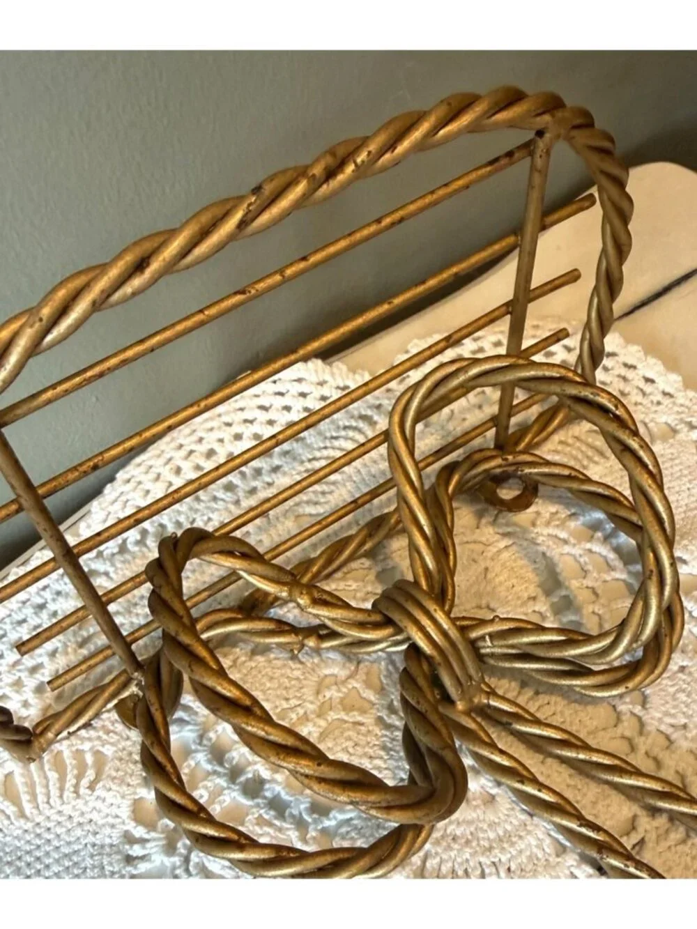 Vintage Gold Metal Bow Wall Shelf Twisted Rope Tassel Hollywood Regency